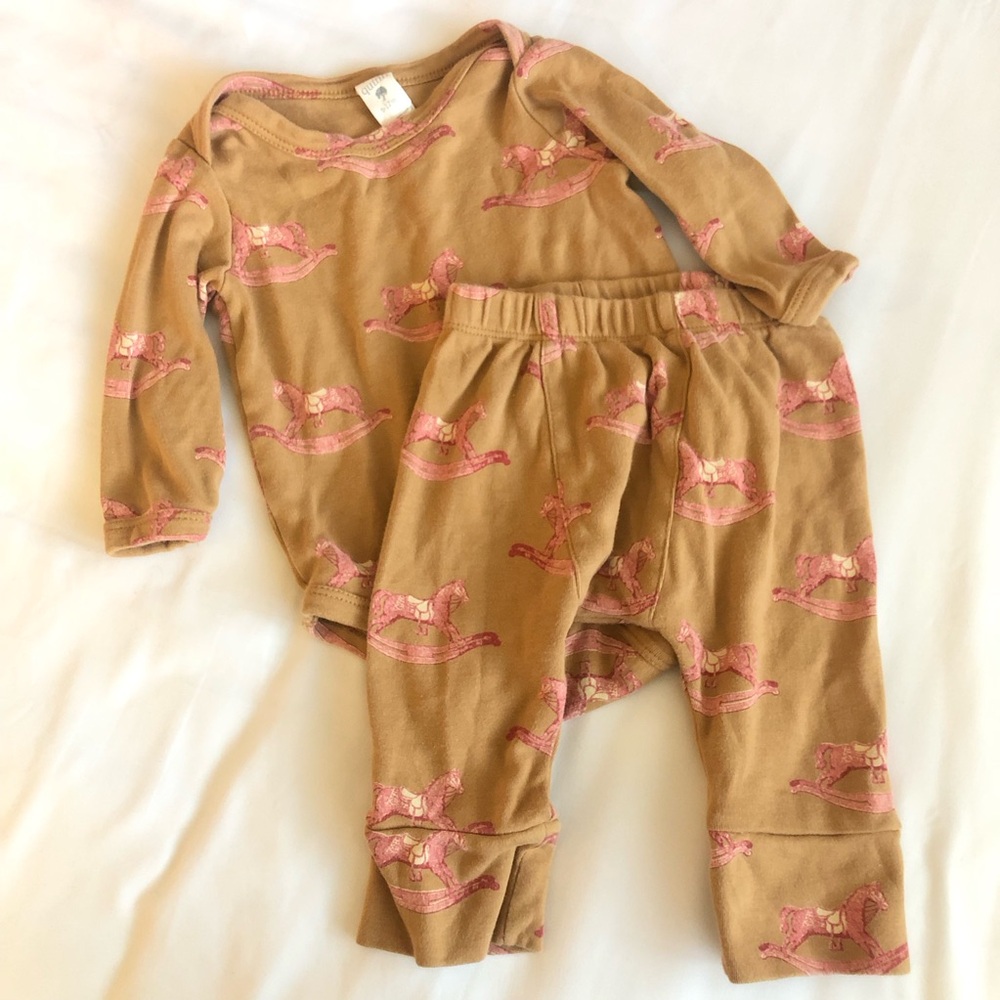 Kate Quinn Tan Baby Outfit Fushia Rocking Horse Print